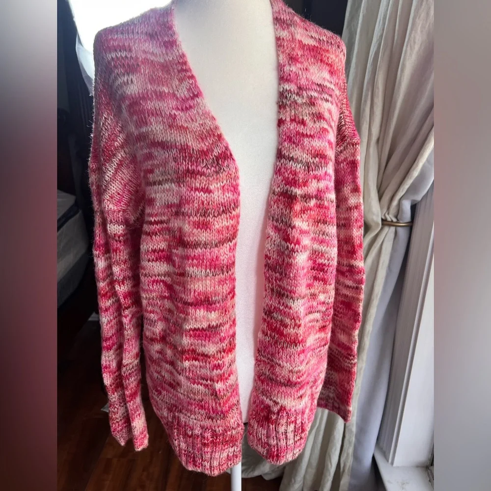 LOFT Multicolor Knit Cardigan Pink Red Valentine Open Front Boho Cabin Layering